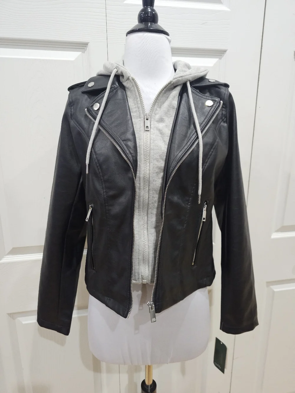 Women's Sebby Punk Biker Moto Black Faux Leather Gray Hoodie Zip Jacket Coat S - Picture 7 of 9